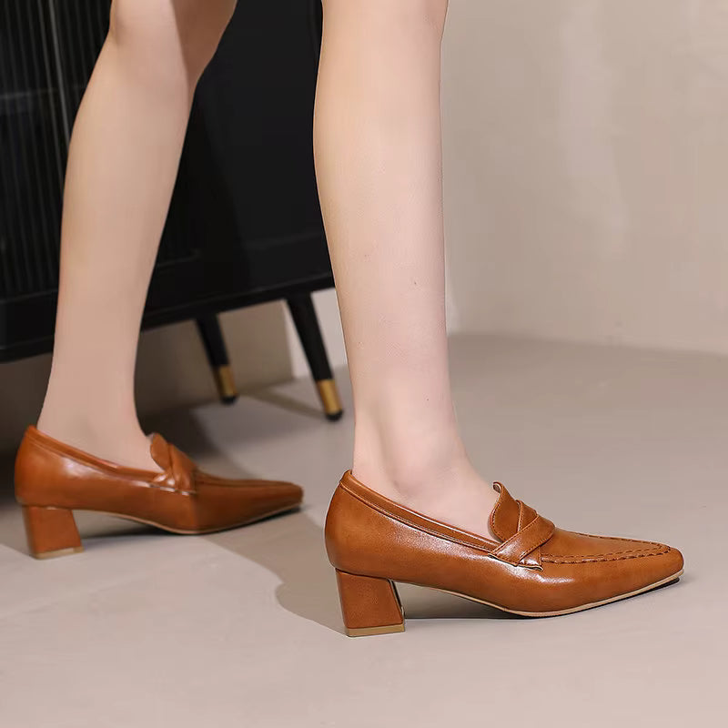 Retro Square Toe Chunky Slip On Vintage Daily Office Lady Shoes