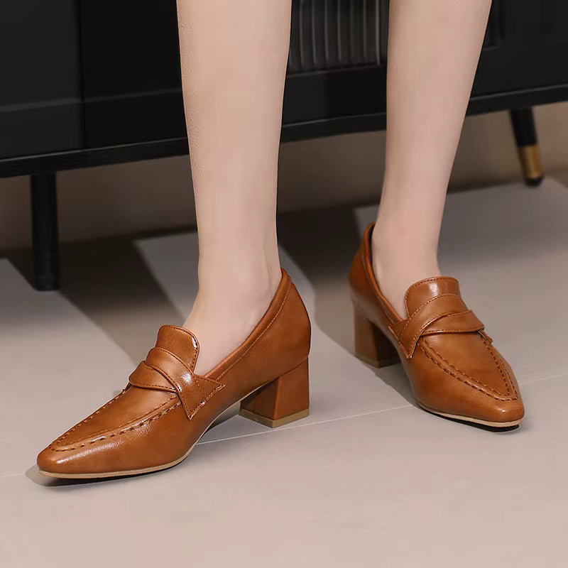 Retro Square Toe Chunky Slip On Vintage Daily Office Lady Shoes