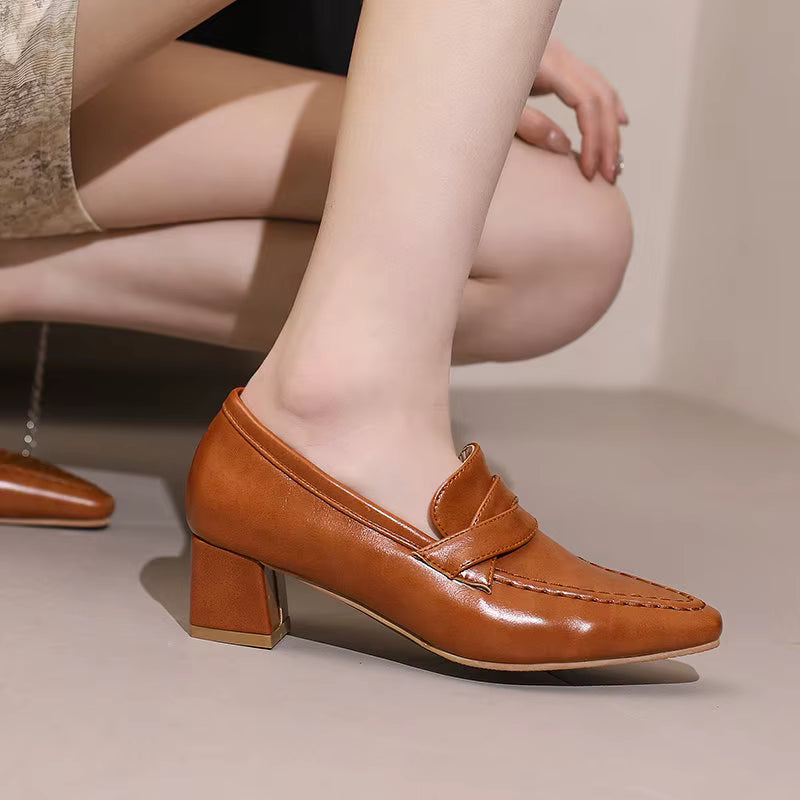 Retro Square Toe Chunky Slip On Vintage Daily Office Lady Shoes