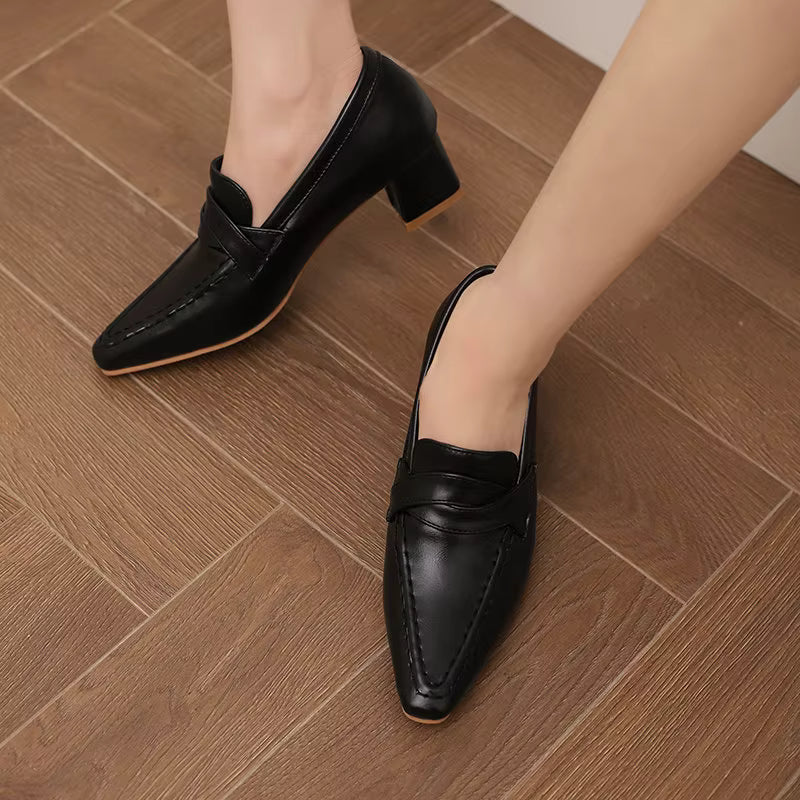 Retro Square Toe Chunky Slip On Vintage Daily Office Lady Shoes