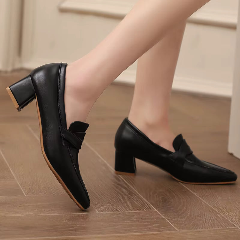 Retro Square Toe Chunky Slip On Vintage Daily Office Lady Shoes