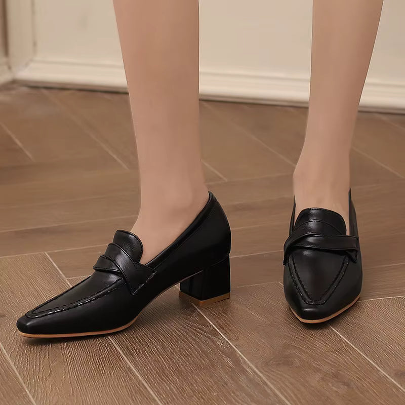 Retro Square Toe Chunky Slip On Vintage Daily Office Lady Shoes