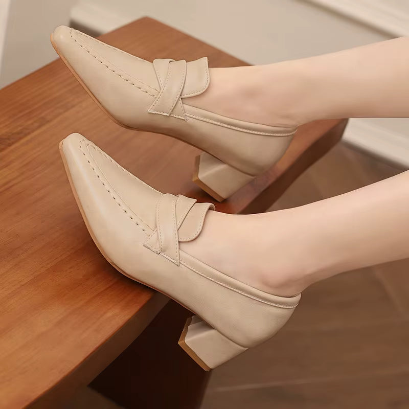 Retro Square Toe Chunky Slip On Vintage Daily Office Lady Shoes