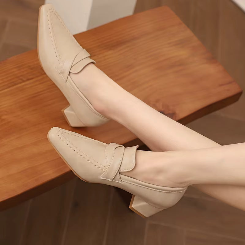Retro Square Toe Chunky Slip On Vintage Daily Office Lady Shoes