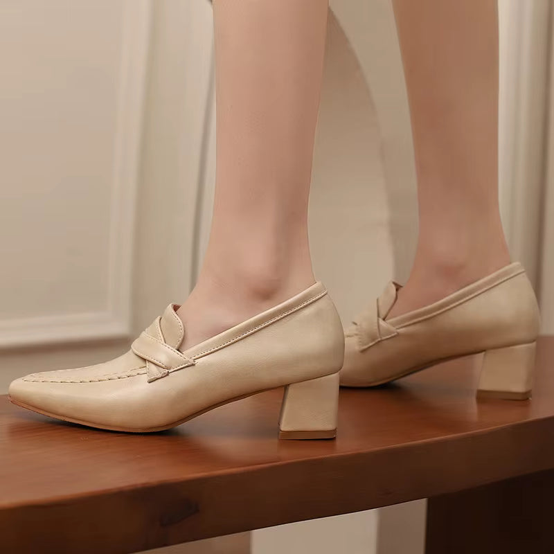 Retro Square Toe Chunky Slip On Vintage Daily Office Lady Shoes