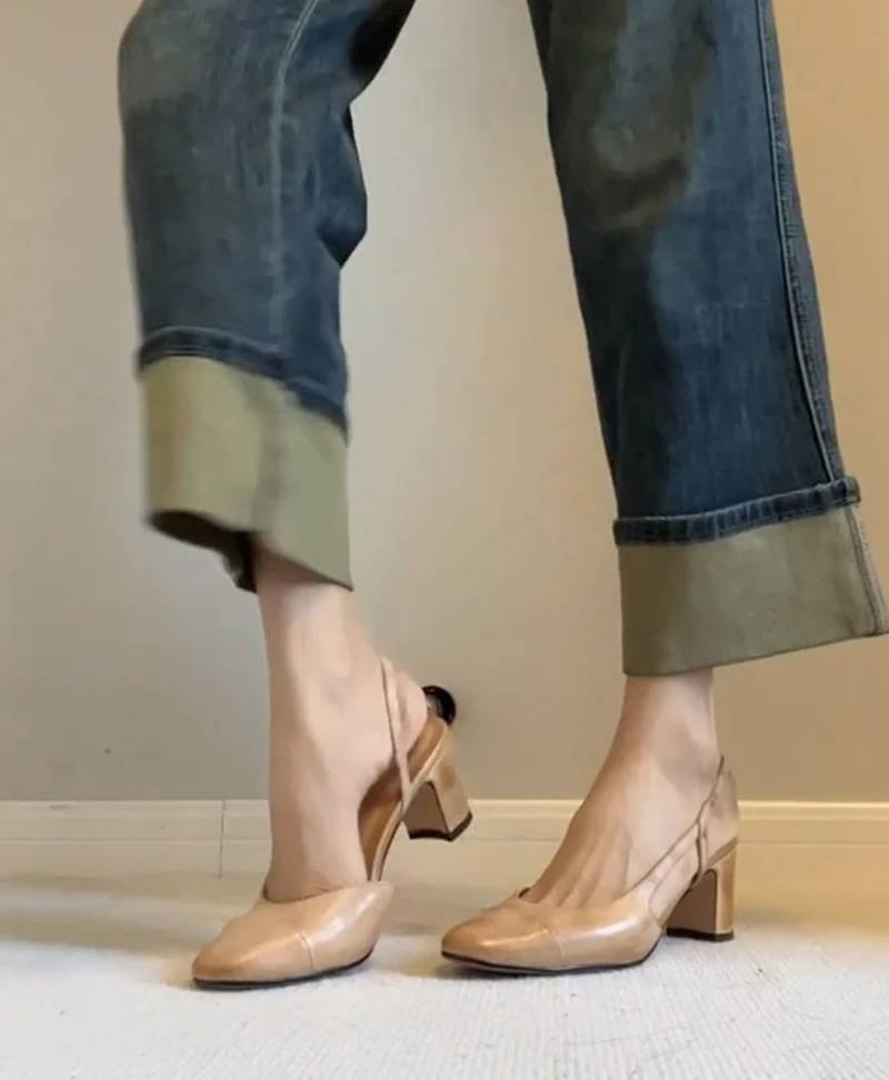Retro Style Cover Toe Thick Heel Sandals Slip On Footwear