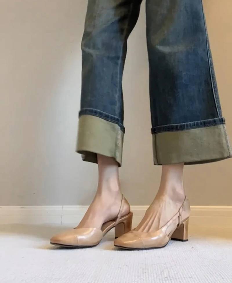 Retro Style Cover Toe Thick Heel Sandals Slip On Footwear