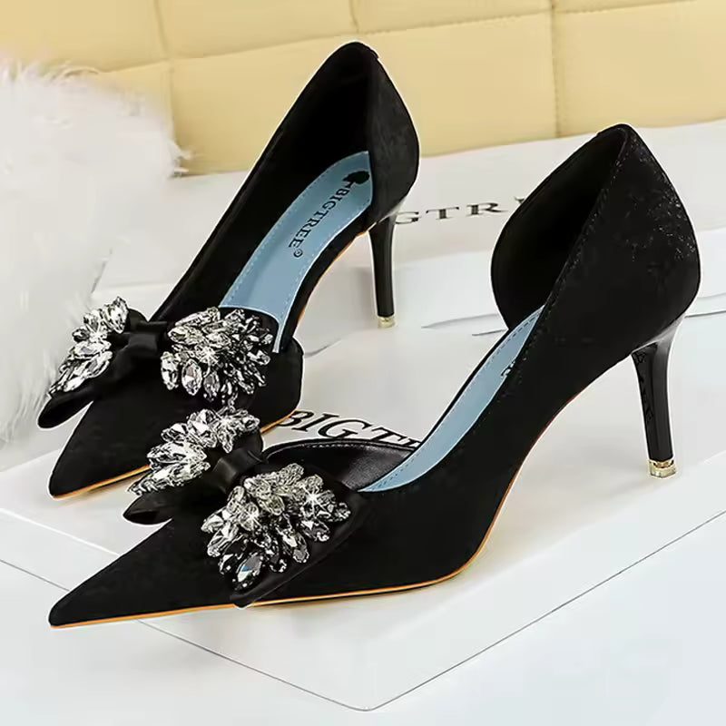 Rhinestone Bow Pumps Luxury Banquet High Heels Stilettos Party Shoes
