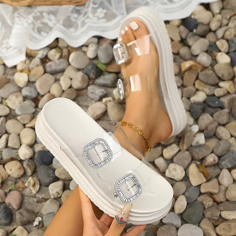 Rhinestone Buckle Platform Thick Sole Transparent Pvc Sandals