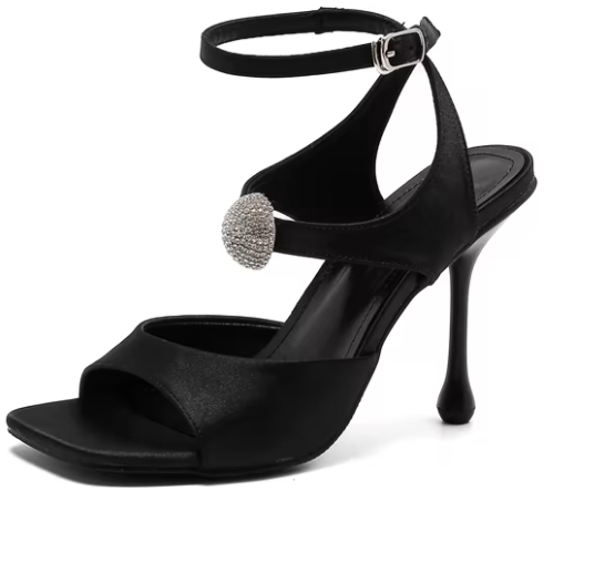Rhinestone Buckle  Square Toe Satin Stiletto High Heel