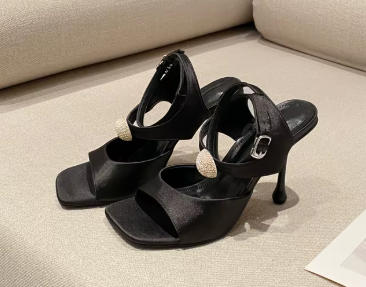 Rhinestone Buckle  Square Toe Satin Stiletto High Heel