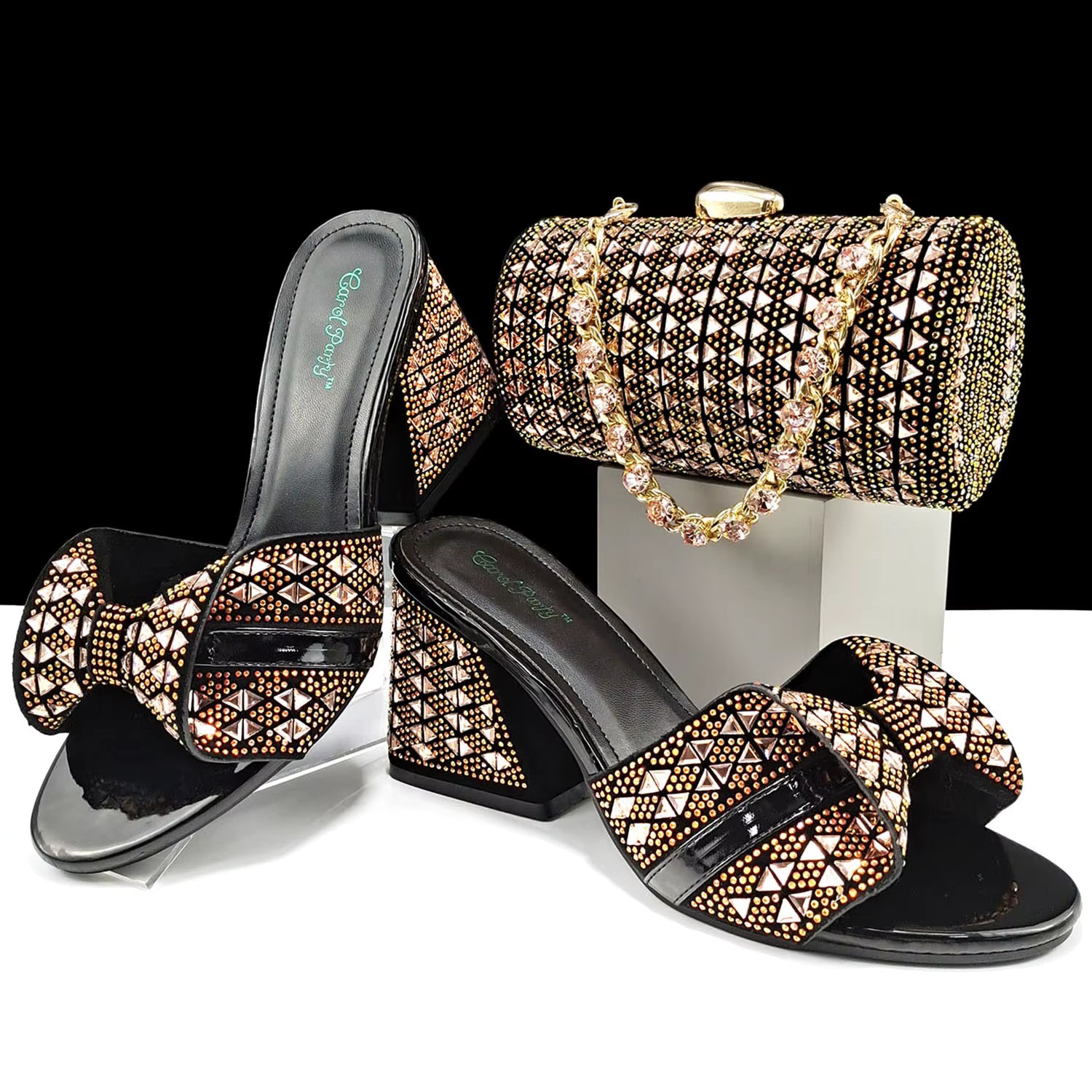 Rhinestone Decoration Bags and Peep Toe High Heels Banquet Shoes