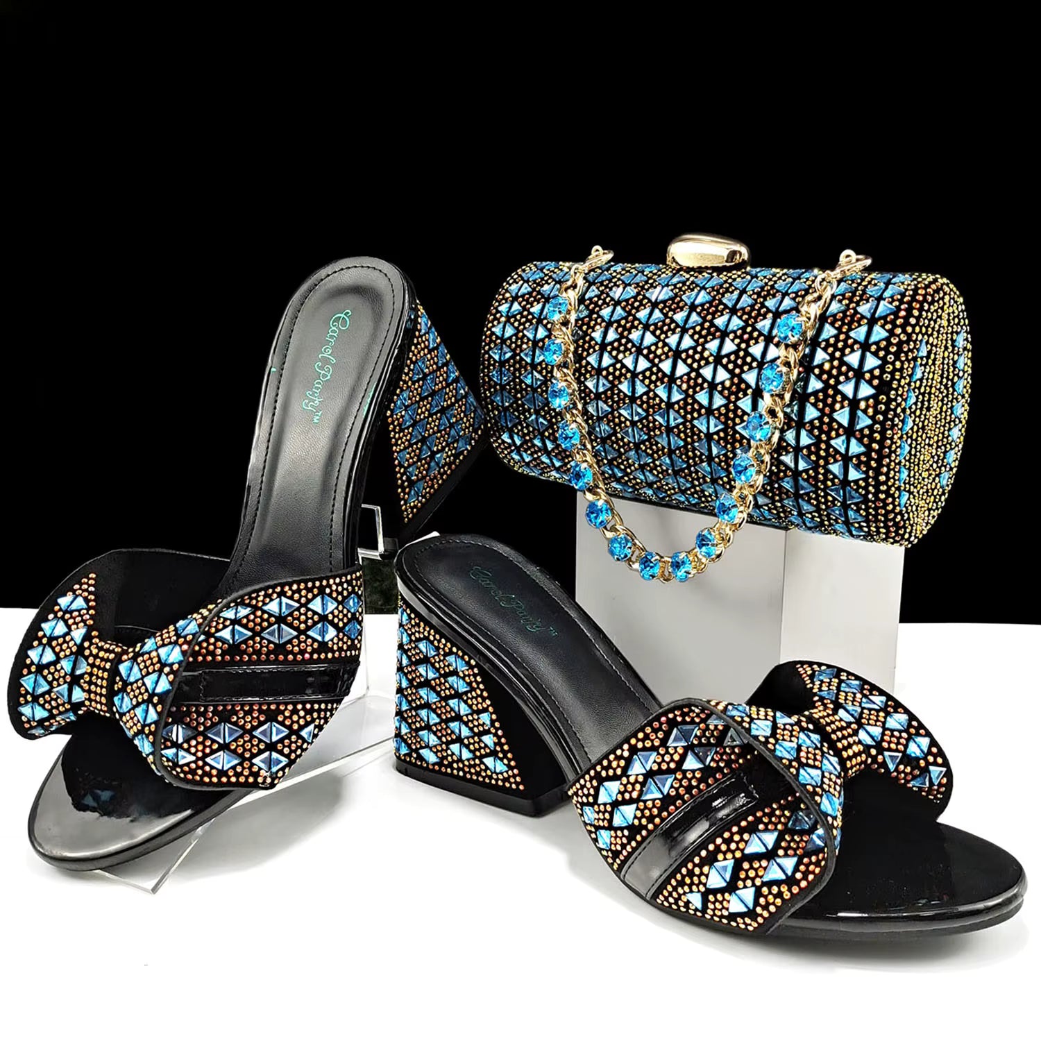 Rhinestone Decoration Bags and Peep Toe High Heels Banquet Shoes