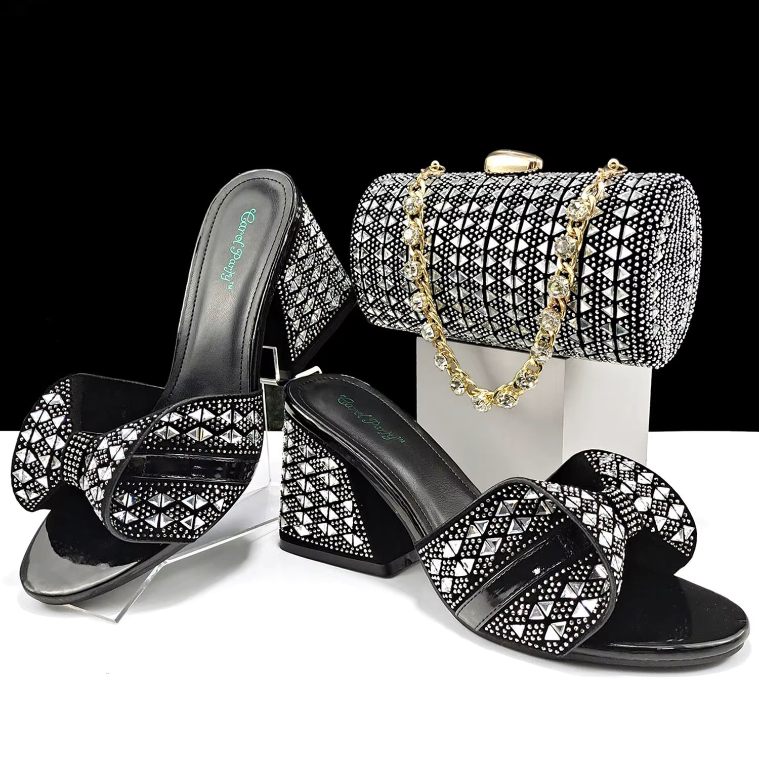 Rhinestone Decoration Bags and Peep Toe High Heels Banquet Shoes