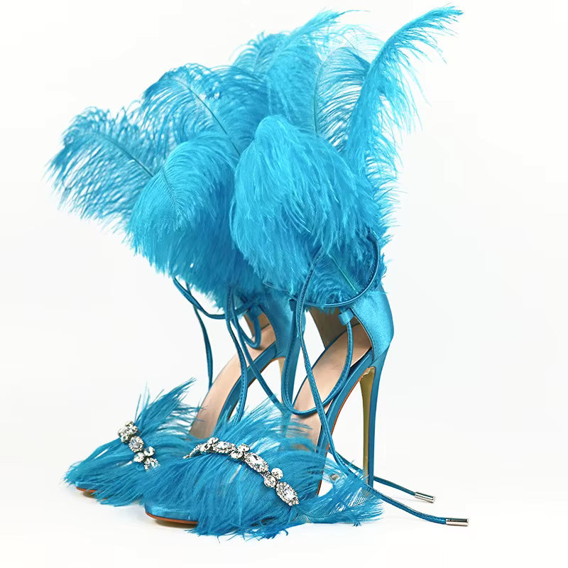 Rhinestone Feather Lace Up Hollow Rubber Open Toe Stiletto Heels Sandals