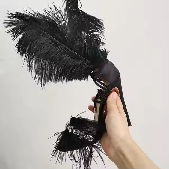 Rhinestone Feather Lace Up Hollow Rubber Open Toe Stiletto Heels Sandals