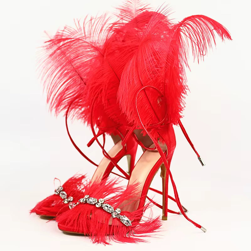 Rhinestone Feather Lace Up Hollow Rubber Open Toe Stiletto Heels Sandals