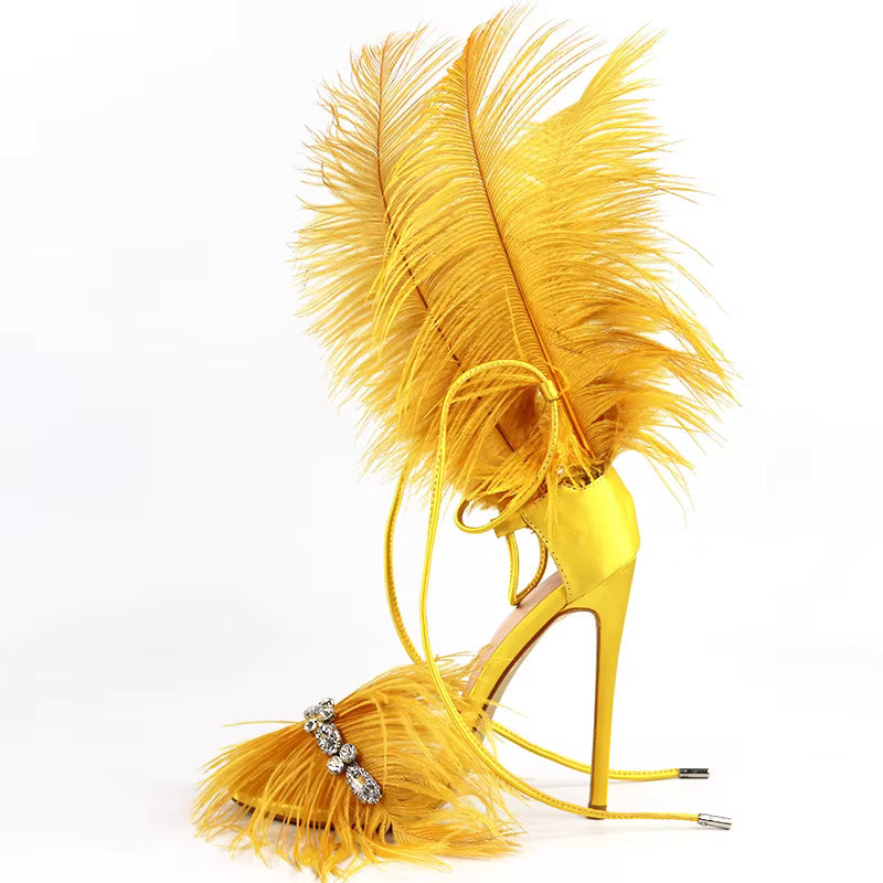 Rhinestone Feather Lace Up Hollow Rubber Open Toe Stiletto Heels Sandals