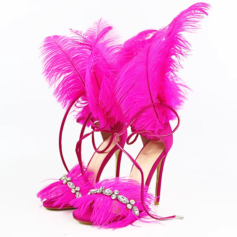 Rhinestone Feather Lace Up Hollow Rubber Open Toe Stiletto Heels Sandals