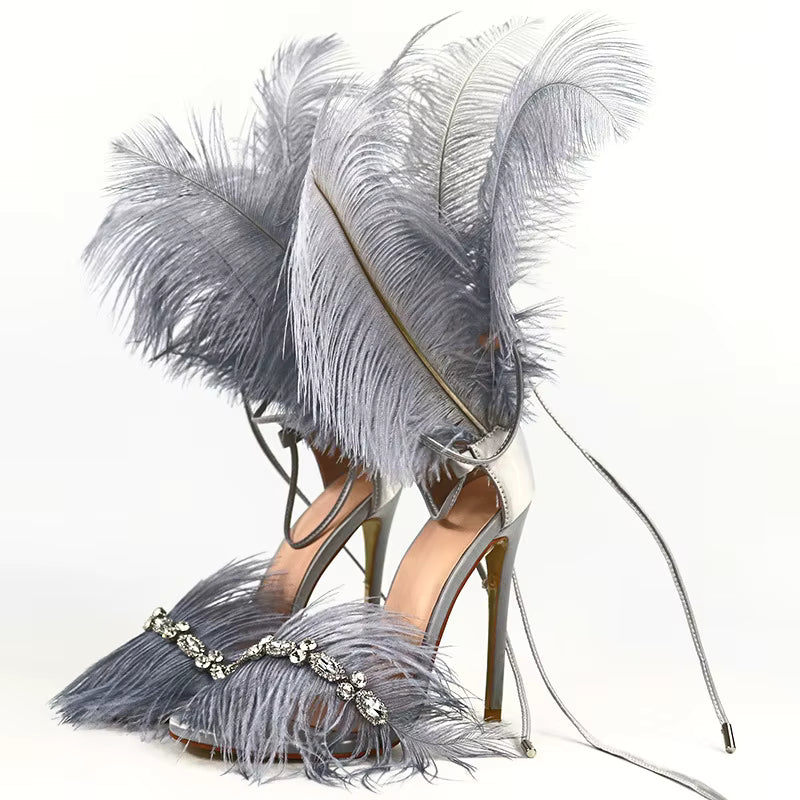 Rhinestone Feather Lace Up Hollow Rubber Open Toe Stiletto Heels Sandals