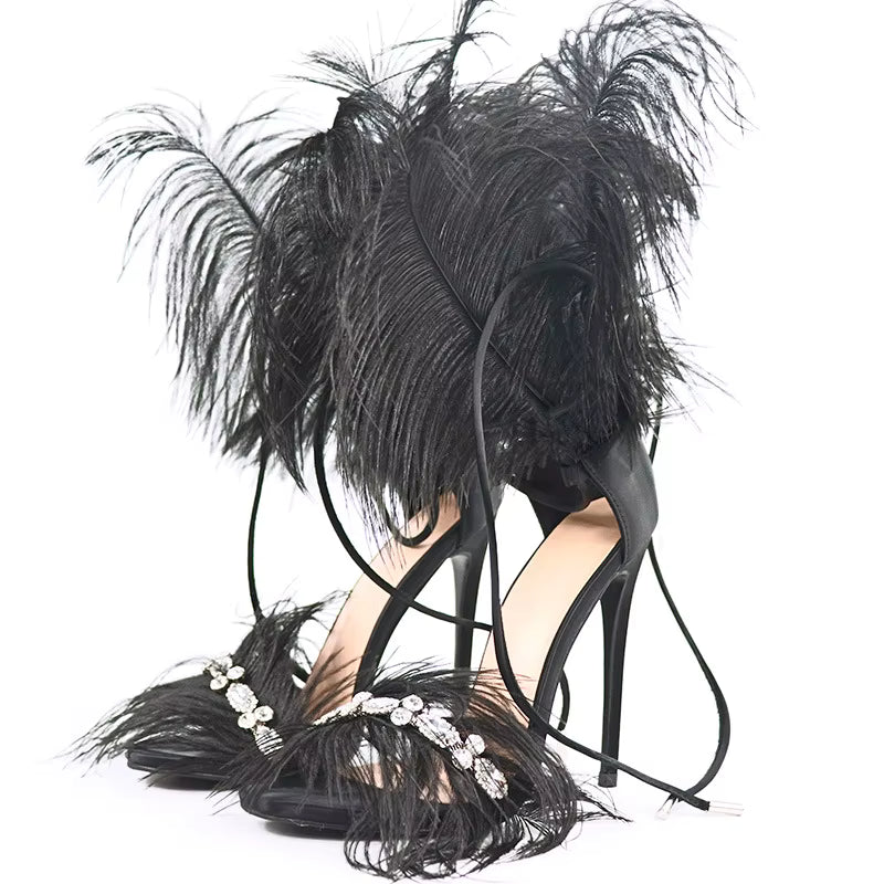 Rhinestone Feather Lace Up Hollow Rubber Open Toe Stiletto Heels Sandals