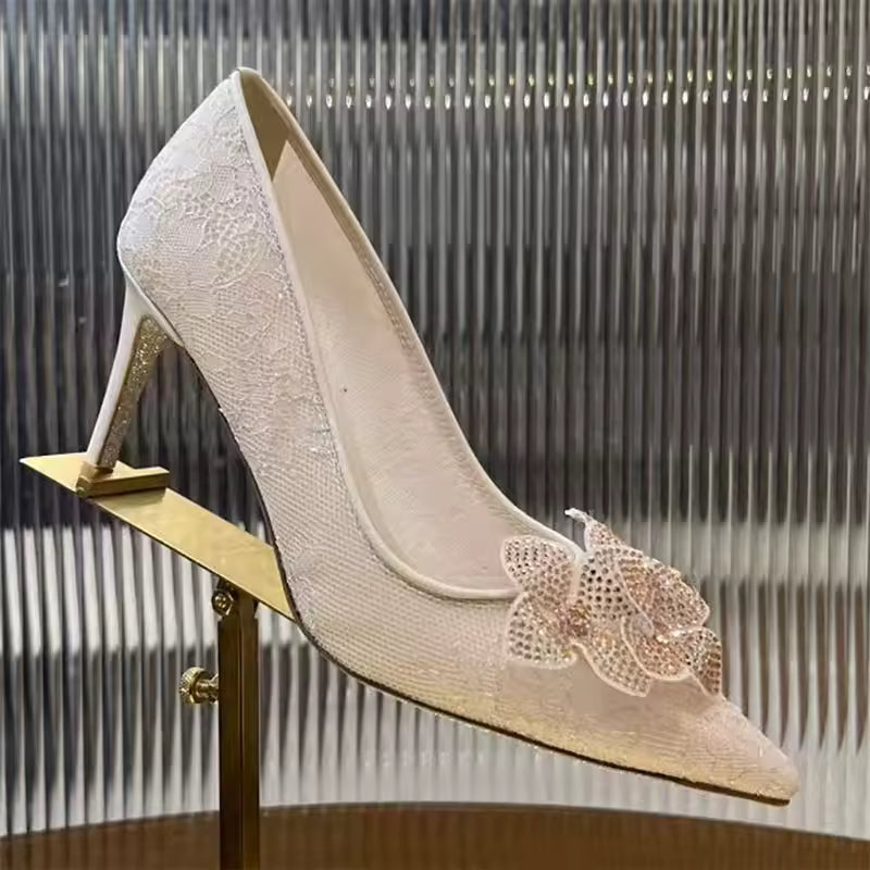 Rhinestone Flower Pointed Toe Slip-on Stiletto Mesh Hollow Outs Wedding Shoes