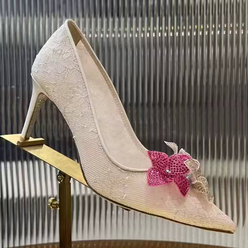 Rhinestone Flower Pointed Toe Slip-on Stiletto Mesh Hollow Outs Wedding Shoes