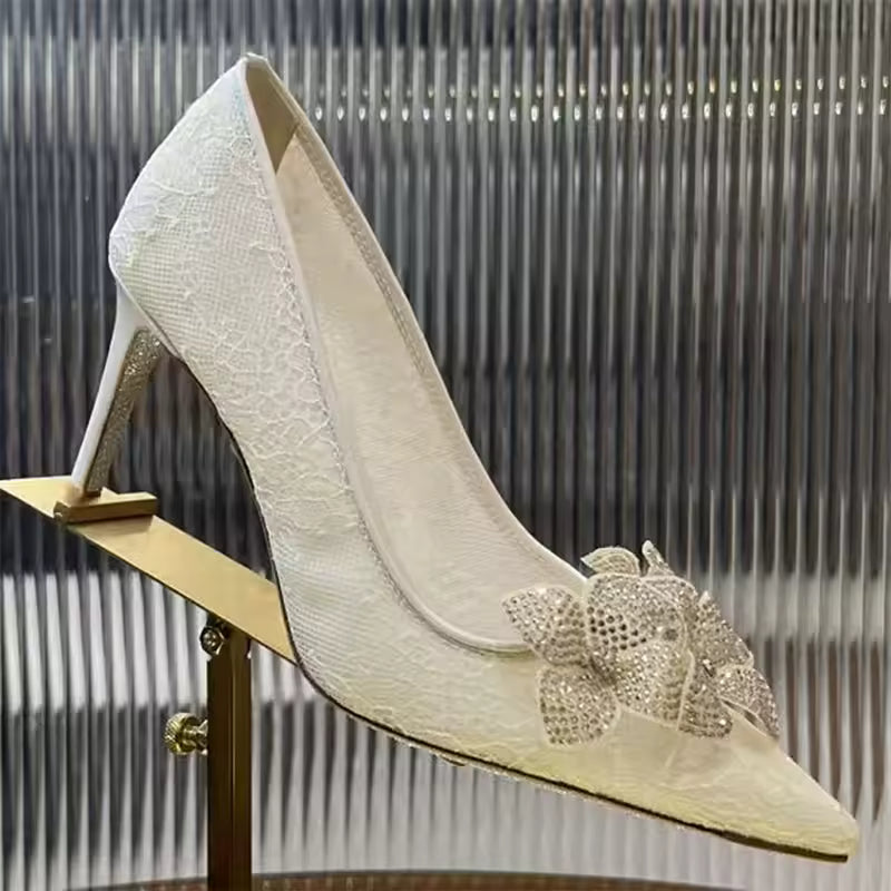 Rhinestone Flower Pointed Toe Slip-on Stiletto Mesh Hollow Outs Wedding Shoes