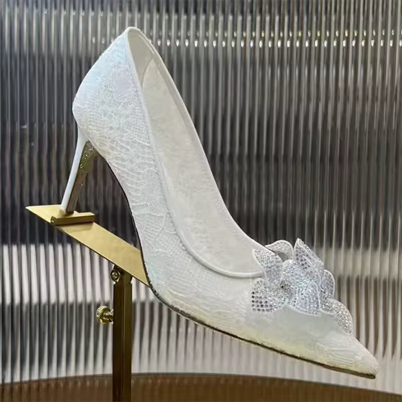 Rhinestone Flower Pointed Toe Slip-on Stiletto Mesh Hollow Outs Wedding Shoes