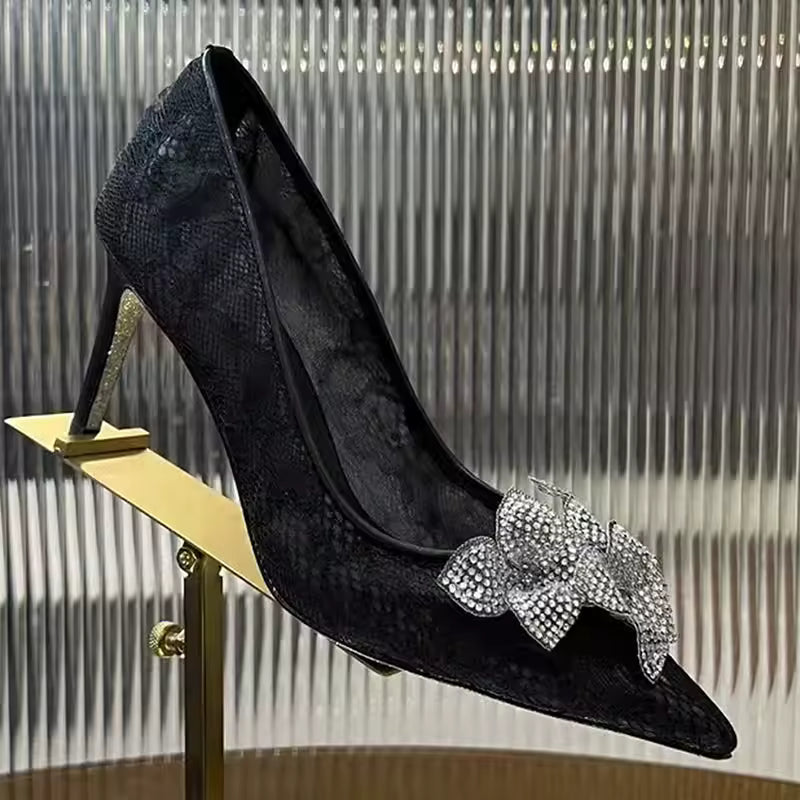Rhinestone Flower Pointed Toe Slip-on Stiletto Mesh Hollow Outs Wedding Shoes
