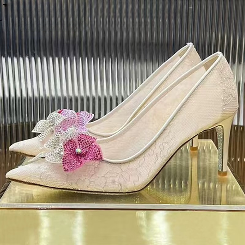 Rhinestone Flower Pointed Toe Slip-on Stiletto Mesh Hollow Outs Wedding Shoes
