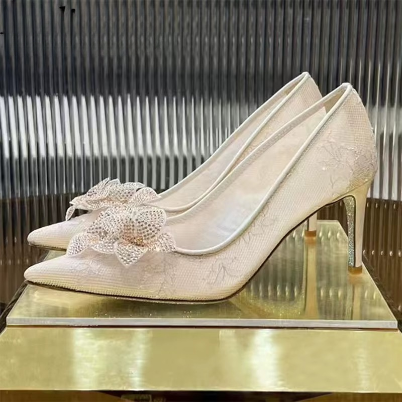 Rhinestone Flower Pointed Toe Slip-on Stiletto Mesh Hollow Outs Wedding Shoes