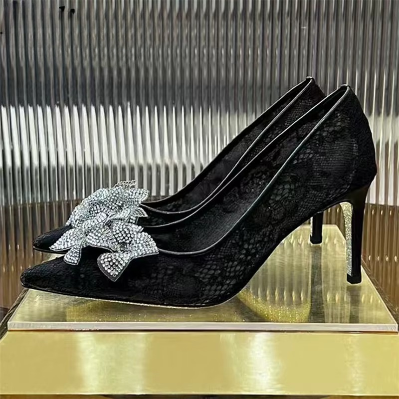 Rhinestone Flower Pointed Toe Slip-on Stiletto Mesh Hollow Outs Wedding Shoes