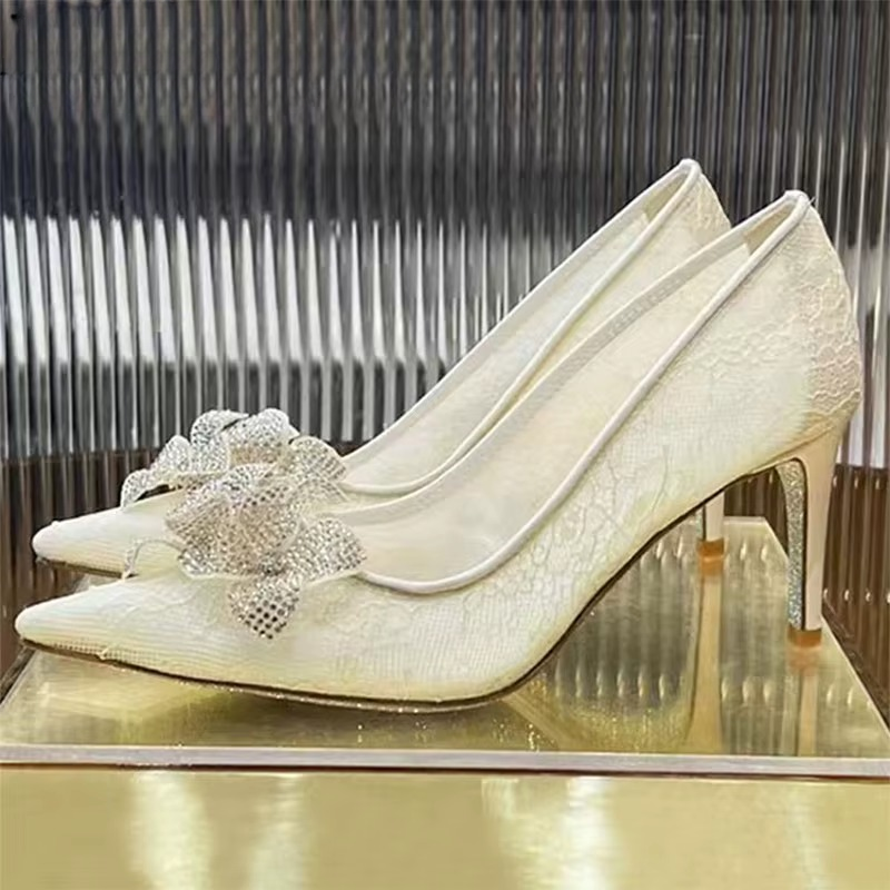Rhinestone Flower Pointed Toe Slip-on Stiletto Mesh Hollow Outs Wedding Shoes