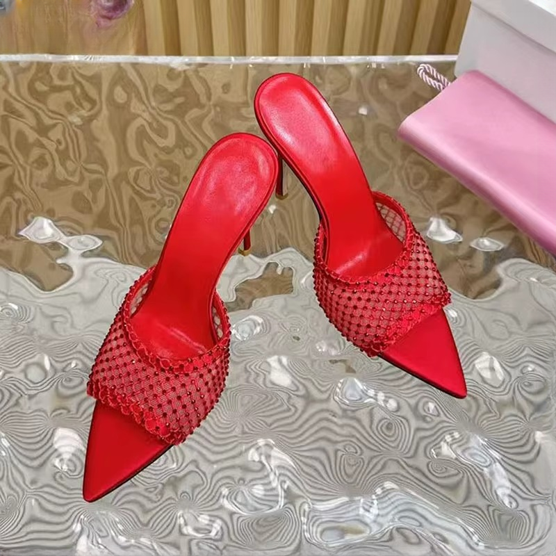 Rhinestone Mesh Hollow Outs Slides Pointed Peep Toe Stiletto Sandals