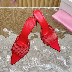 Rhinestone Mesh Hollow Outs Slides Pointed Peep Toe Stiletto Sandals