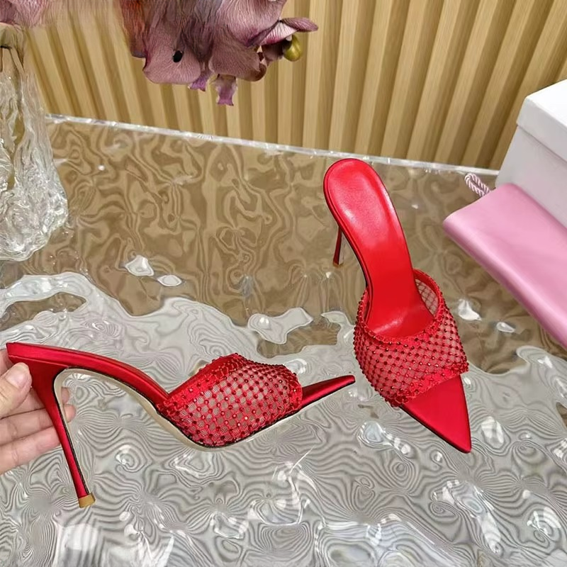 Rhinestone Mesh Hollow Outs Slides Pointed Peep Toe Stiletto Sandals