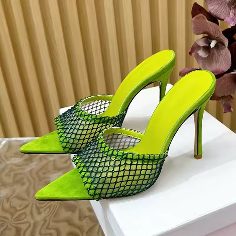 Rhinestone Mesh Hollow Outs Slides Pointed Peep Toe Stiletto Sandals