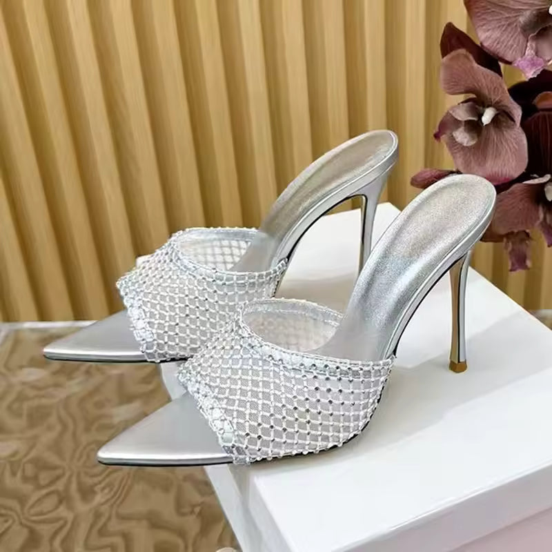 Rhinestone Mesh Hollow Outs Slides Pointed Peep Toe Stiletto Sandals