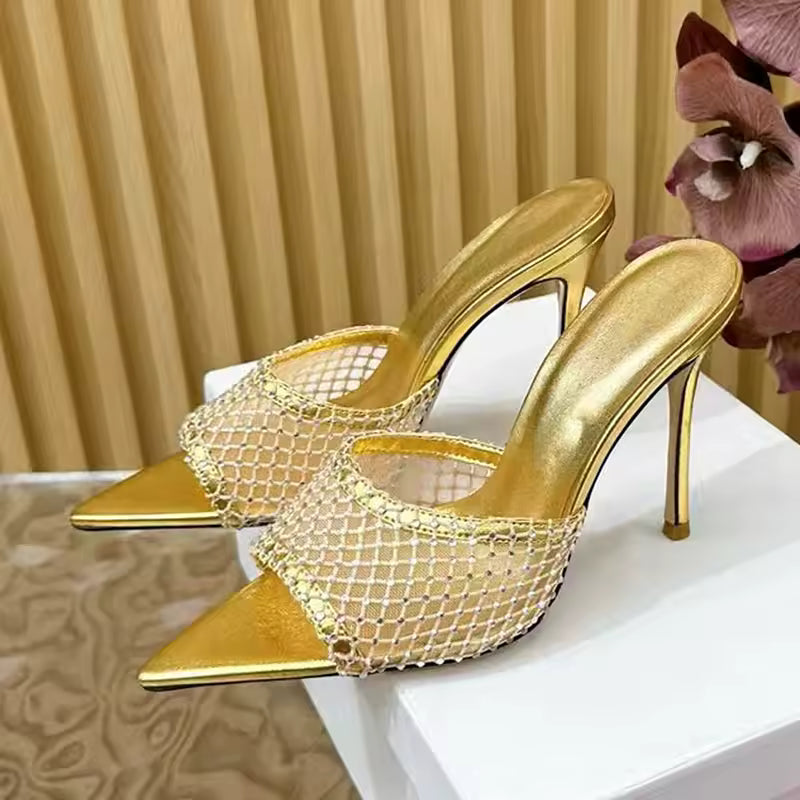 Rhinestone Mesh Hollow Outs Slides Pointed Peep Toe Stiletto Sandals