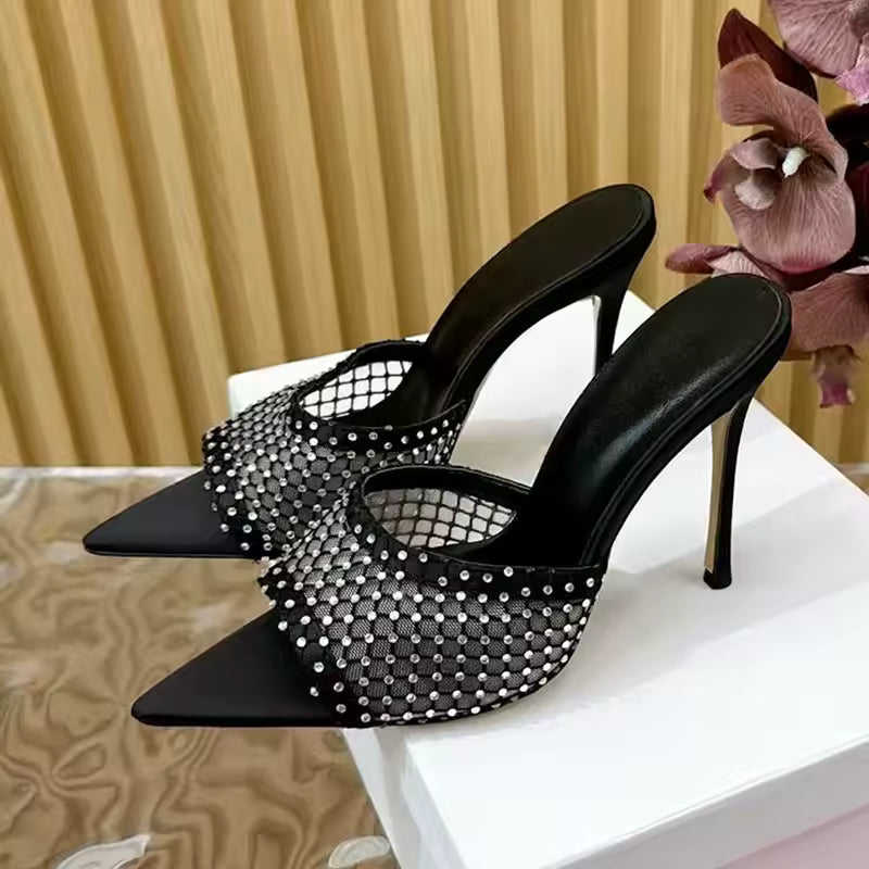 Rhinestone Mesh Hollow Outs Slides Pointed Peep Toe Stiletto Sandals