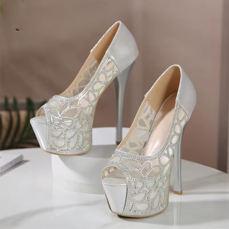 Rhinestone Mesh Platform SLIP-ON Open Toe Super Pumps High Heels