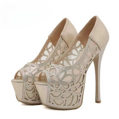 Rhinestone Mesh Platform SLIP-ON Open Toe Super Pumps High Heels
