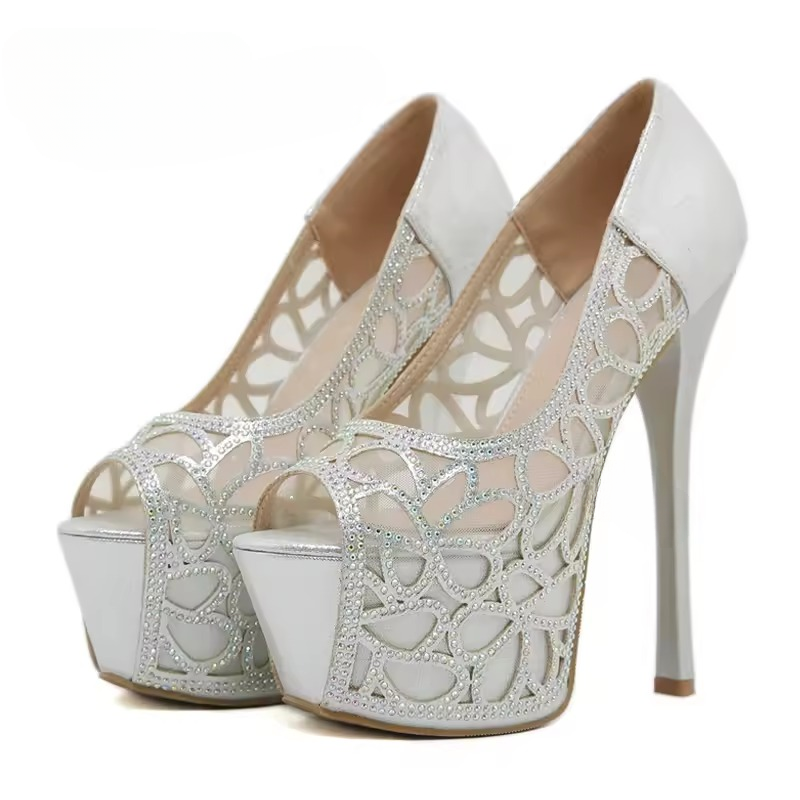 Rhinestone Mesh Platform SLIP-ON Open Toe Super Pumps High Heels