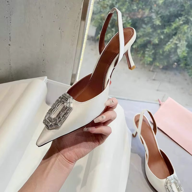 Rhinestone Satin elastic band Pointy Toe Crystal High Heels