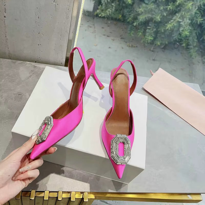 Rhinestone Satin elastic band Pointy Toe Crystal High Heels