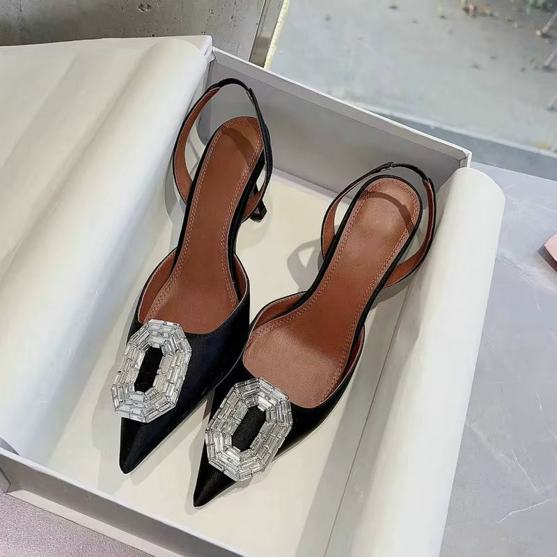 Rhinestone Satin elastic band Pointy Toe Crystal High Heels
