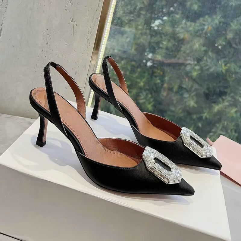 Rhinestone Satin elastic band Pointy Toe Crystal High Heels