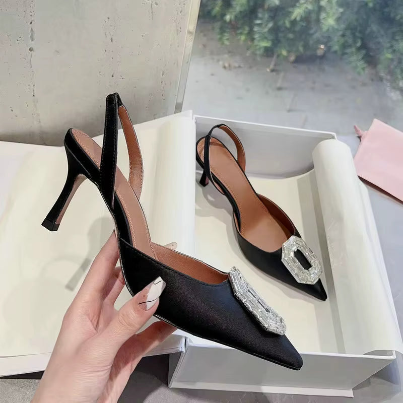 Rhinestone Satin elastic band Pointy Toe Crystal High Heels