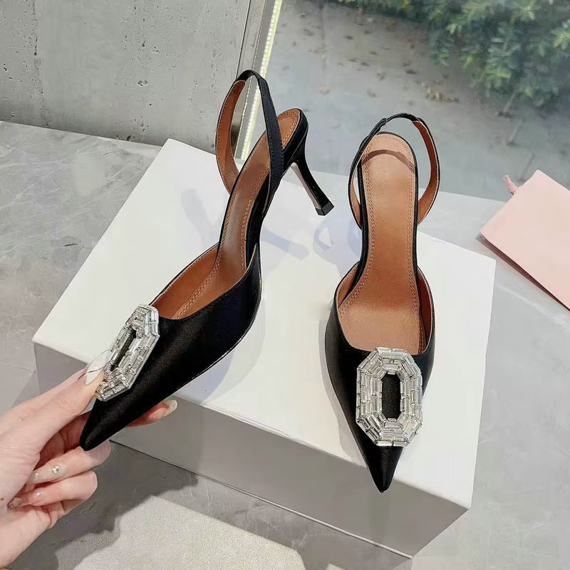 Rhinestone Satin elastic band Pointy Toe Crystal High Heels